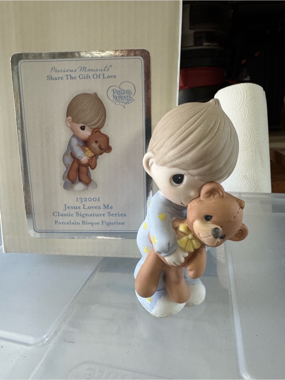 Precious Moments Blue and Tan 'Jesus Loves Me' Figurine with Teddy